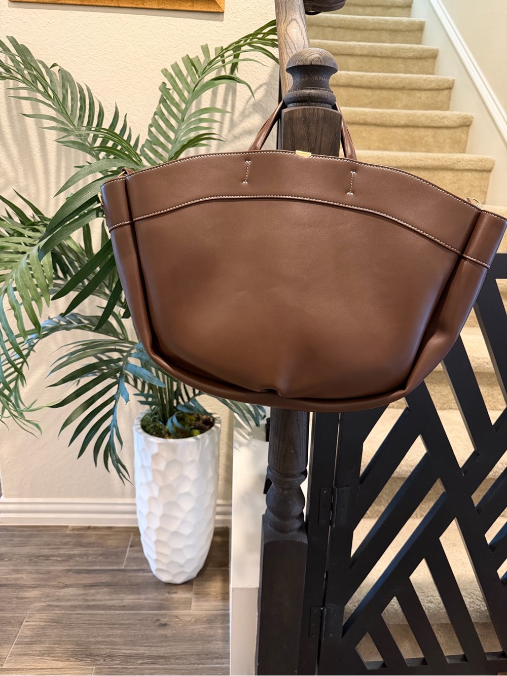 Anthropologie Brown Leather Tote with Cream Strap - Picture 4 of 4